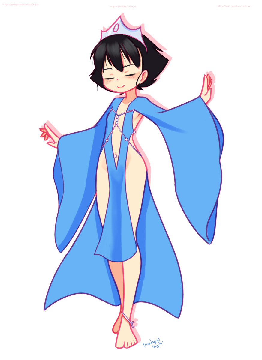 1girl, anklet, barefoot, black_hair, blue_dress, blush, closed_eyes, clothing_cutout