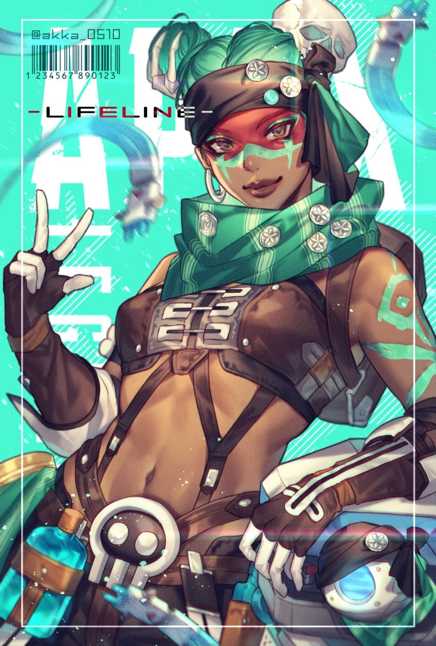 1girl, alternate_costume, alternate_hair_color, animification, apex_legends, bandana, bare_shoulders, breasts, brown_eyes, brown_gloves, brown_lips, character_name, closed_mouth, commentary_request, dark-skinned_female, dark_skin, double_bun, drone, earrings, eyelashes, facepaint, female_focus, gloves, green_hair, green_scarf, hair_bun, hair_ornament, highres, jewelry, leaning_to_the_side, lifeline_(apex_legends), lips, looking_at_viewer, mizutama_(mao11260510), navel, nose, pirate_queen_lifeline, scarf, short_hair, shoulder_tattoo, skull_hair_ornament, small_breasts, solo, stomach, strapless, suspenders, tattoo, tube_top, twitter_username, w
