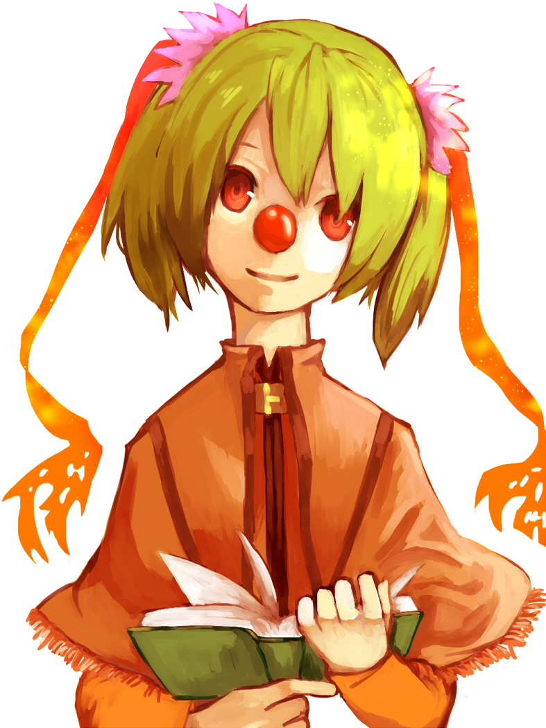 1girl, book, clown_nose, commentary_request, female_focus, green_hair, hair_ribbon, head_tilt