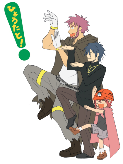 3boys, blue_hair, byron_(pokemon), cape, closed_eyes, formal_clothes, gym_leader, hat