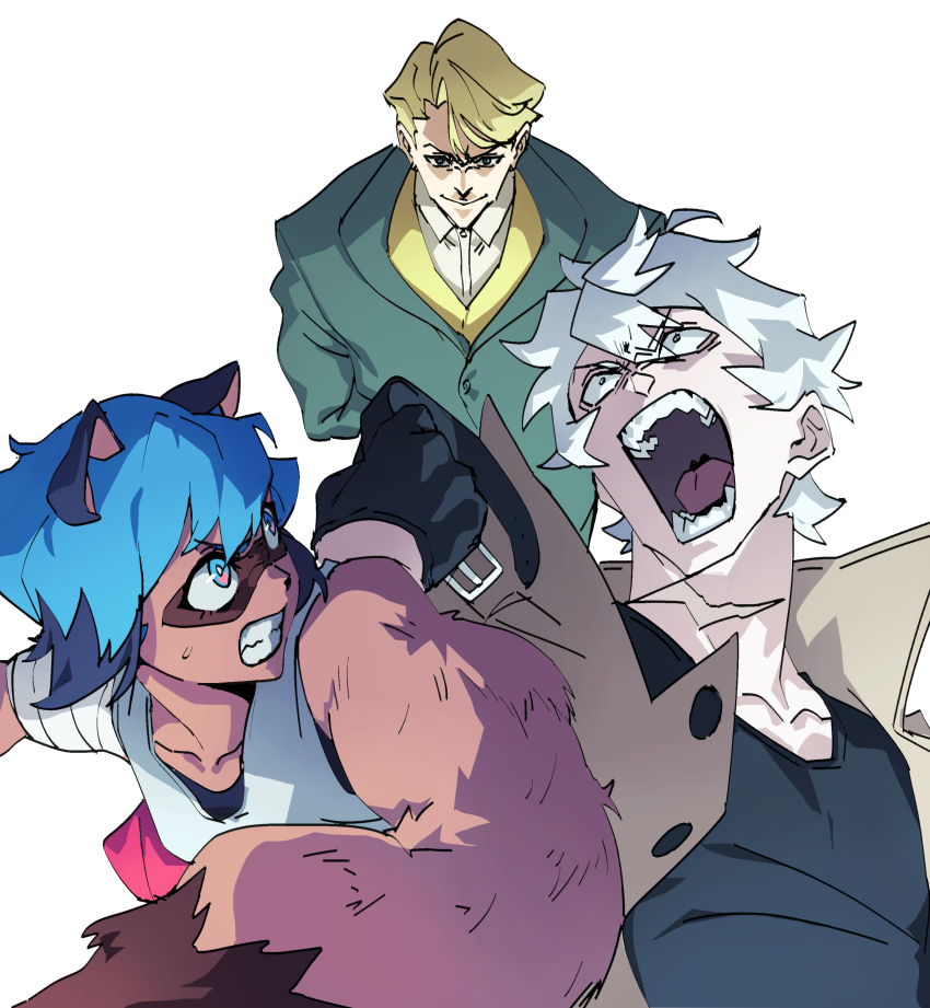 1girl, 2boys, absurdres, alan_sylvasta, angry, animal_ears, blonde_hair, blue_hair