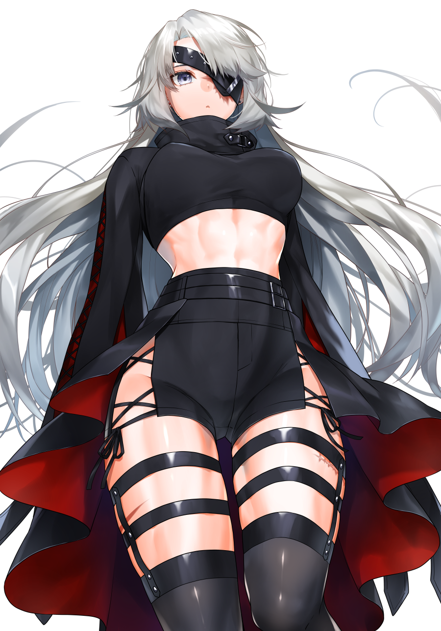 1girl, abs, belt, belt_buckle, breasts, buckle, commentary_request, cowboy_shot, crop_top, eyepatch, female_focus, grey_eyes, grey_hair, highres, long_hair, long_sleeves, looking_at_viewer, lydia_macarthur, medium_breasts, midriff, one-eyed, original, scar, shorts, simple_background, solo, thighhighs, waka_(shark_waka), white_background