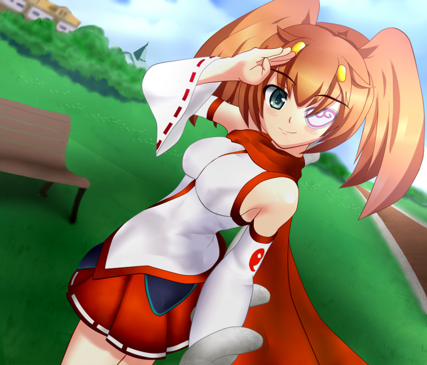 1girl, bare_shoulders, breasts, brown_hair, detached_sleeves, eyepatch, female_focus, green_eyes, grey_eyes, ikuse_ayane, nature, outdoors, salute, scarf, sky, solo, tetsua, twintails, vanguard_princess