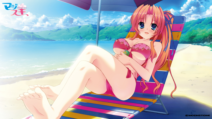 1girl, amatsu_touko, barefoot, beach, bikini, blue_eyes, breasts, day