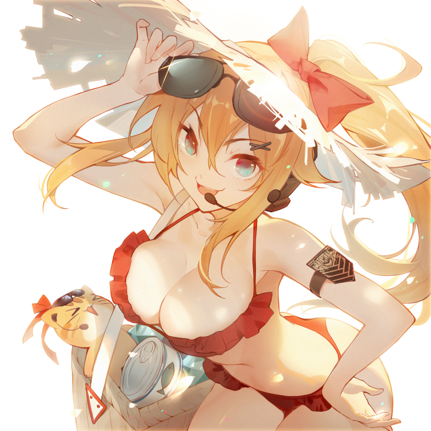 1girl, armband, basket, bikini, blonde_hair, blue_eyes, bow, breasts, can, canned_food, cat, cleavage, d:, emurina, eyewear_on_head, frilled_bikini, frills, girls'_frontline, hair_bow, hair_ornament, hairclip, hat, headset, highres, kalina_(girls'_frontline), kalinya, large_breasts, open_mouth, ponytail, simple_background, straw_hat, sunglasses, swimsuit