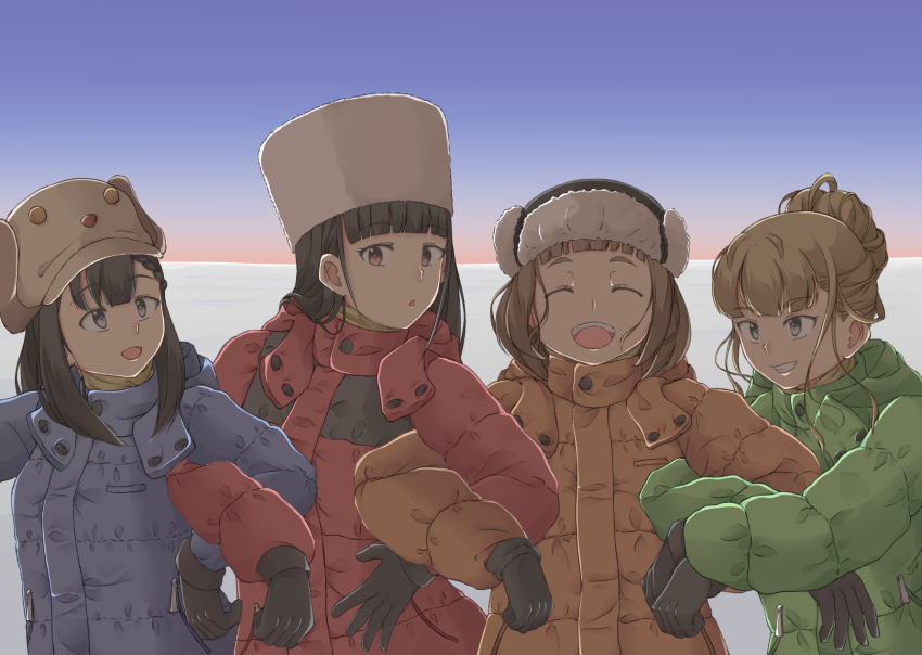 4girls, :d, black_gloves, black_hair, blunt_bangs, brown_eyes, brown_hair, coat