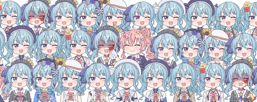 6+girls, anemachi, apple_juice, axe, bare_shoulders, beret, black_gloves, blood