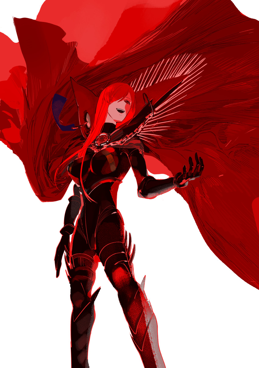 1other, absurdres, black_bodysuit, bodysuit, breasts, cape, crest, family_crest, fate/grand_order, fate_(series), gloves, hair_over_one_eye, highres, large_breasts, long_hair, long_sleeves, looking_at_viewer, looking_to_the_side, oda_nobunaga_(fate), oda_nobunaga_(maou_avenger)_(fate), open_hand, qmiqun, red_cape, red_eyes, red_hair, skin_tight, smile, solo, upper_body, white_background