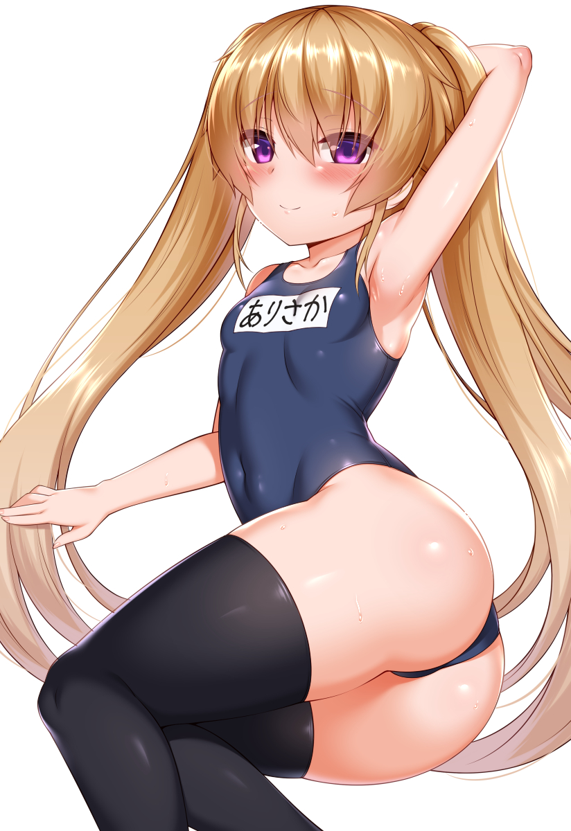 1girl, ao_no_kanata_no_four_rhythm, arisaka_mashiro, arm_up, armpits, ass, black_thighhighs, blue_one-piece_swimsuit, blue_school_swimsuit, blush, breasts, brown_hair, collarbone, female_focus, highres, loli, long_hair, looking_at_viewer, name_tag, one-piece_swimsuit, pink_eyes, school_swimsuit, simple_background, small_breasts, smile, solo, swimsuit, thighhighs, twintails, very_long_hair, wet, white_background, zirba