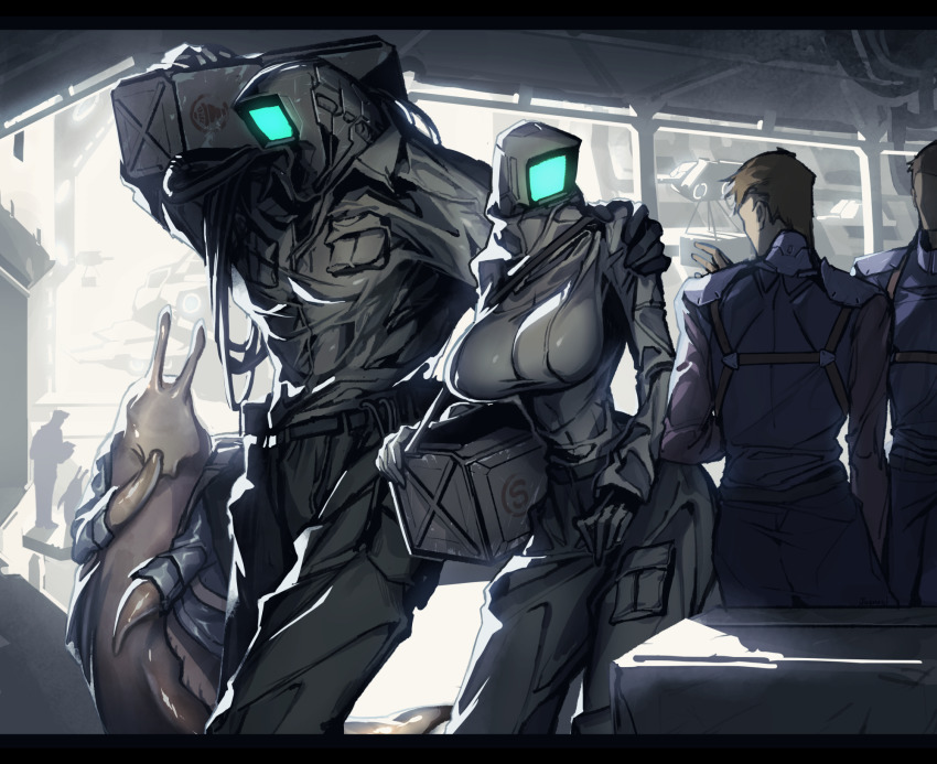 1girl, 2others, 4boys, alien, antennae, backlighting, breasts, carrying, dr._jewel, engi_(ftl), ftl:_faster_than_light, glowing, highres, large_breasts, monster_boy, monster_girl, multiple_boys, multiple_others, science_fiction, slug_(ftl), wide_hips