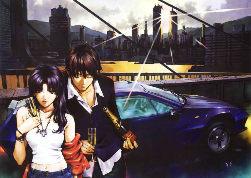 1boy, 1girl, absurdres, alcohol, car, champagne, city, cityscape