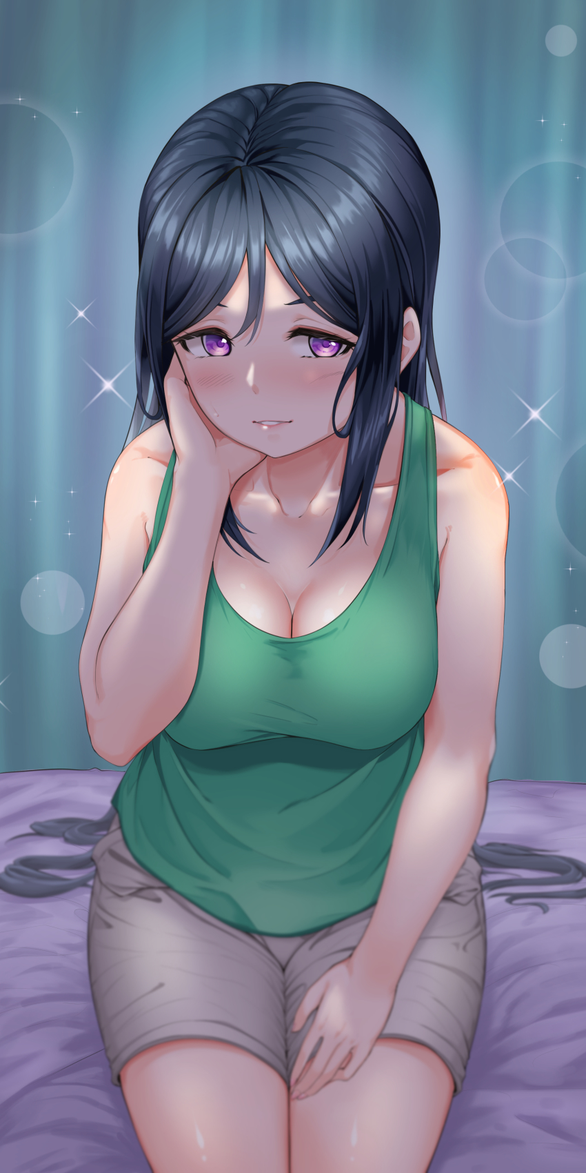 1girl, absurdres, bare_shoulders, black_hair, blush, breasts, cleavage, collarbone