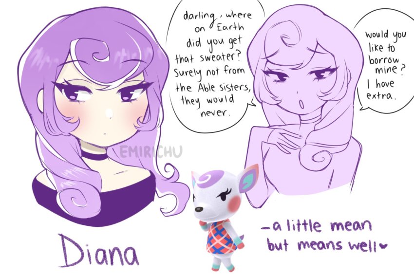 ?, animal_crossing, artist_name, bare_shoulders, breasts, character_name, choker, diana_(animal_crossing)