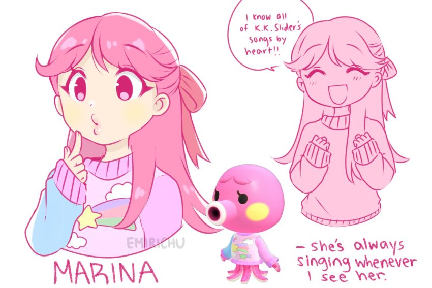 !, !!, 1girl, ^_^, animal_crossing, artist_name, blush, character_name, closed_eyes, commentary, creature_and_personification, cropped_torso, emirichu, english_commentary, english_text, eyes_visible_through_hair, hair_between_eyes, humanization, long_hair, long_sleeves, marina_(animal_crossing), monster_girl, multiple_views, nintendo, octopus, open_mouth, personification, pink_hair, pink_sweater, simple_background, sleeves_past_wrists, smile, speech_bubble, standing, sweater, upper_body, watermark, white_background