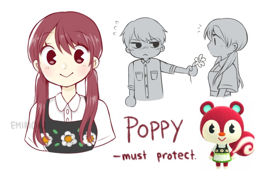 1boy, 1girl, animal_crossing, artist_name, blush, breasts, character_name, emirichu, eyes_visible_through_hair, hair_between_eyes, looking_at_viewer, marshal_(animal_crossing), medium_hair, multiple_views, nintendo, poppy_(animal_crossing), short_sleeves, simple_background, small_breasts, smile, standing, upper_body, watermark, white_background