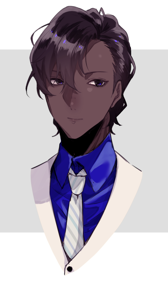 1boy, alternate_costume, alternate_hairstyle, arjuna_(fate), arjuna_(formal_dress)_(fate), arjuna_alter_(fate), black_eyes, blue_shirt