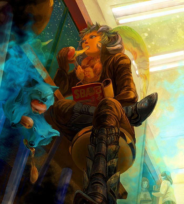 1girl, akashiba, bad_id, bad_pixiv_id, boots, brown_eyes, burger, coat