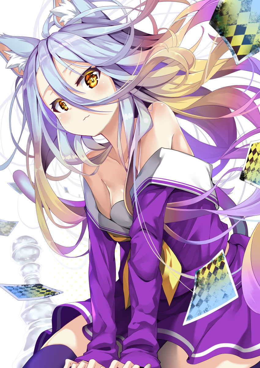1girl, :3, absurdres, animal_ear_fluff, animal_ears, argyle, bare_shoulders, blonde_hair, bra, breasts, brown_eyes, card, cat_ears, cat_girl, cat_tail, chess_piece, closed_mouth, collarbone, commentary_request, female_focus, gradient_hair, hair_between_eyes, highres, kemonomimi_mode, long_hair, multicolored_hair, neckerchief, no_game_no_life, off_shoulder, playing_card, pleated_skirt, purple_hair, purple_serafuku, purple_shirt, purple_skirt, purple_thighhighs, sailor_collar, school_uniform, serafuku, shiro_(no_game_no_life), shirt, silver_hair, skirt, small_breasts, solo, tail, tail_raised, thighhighs, transparent, underwear, very_long_hair, white_background, white_bra, white_sailor_collar, yellow_neckerchief, zelitto