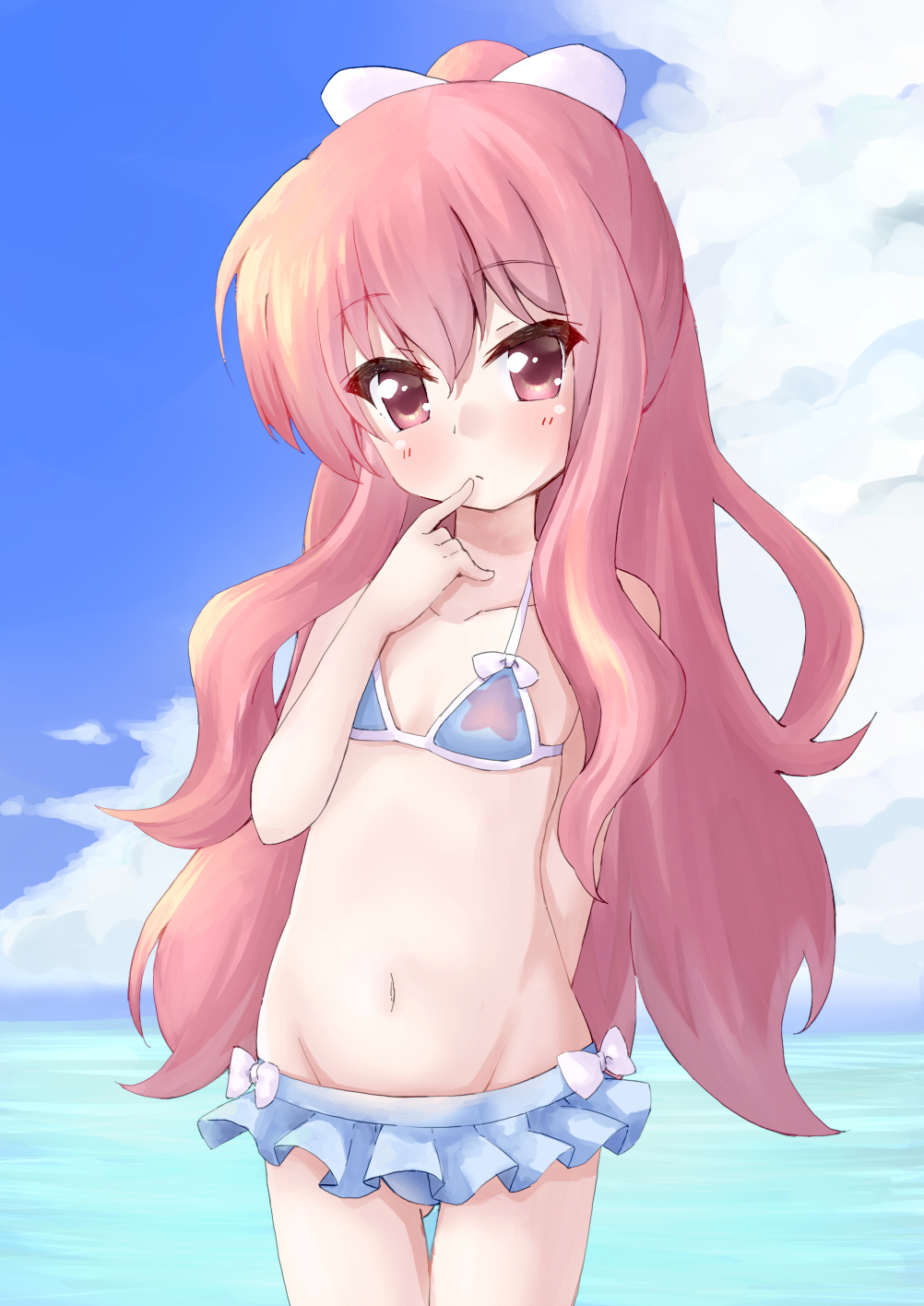 1girl, arm_behind_back, bikini, bikini_skirt, blue_bikini, blue_sky, child, cloud