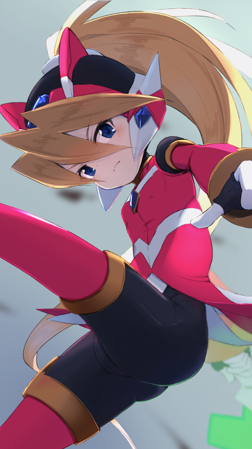 1girl, absurdres, ass, bike_shorts, blonde_hair, blue_eyes, blurry, blurry_background, ciel_(mega_man), closed_mouth, cosplay, energy_sword, female_focus, gloves, grey_background, helmet, highres, holding, holding_sword, holding_weapon, long_hair, long_sleeves, mega_man_(series), mega_man_zero_(series), momo_(higanbana_and_girl), ponytail, red_shirt, shirt, simple_background, solo, sword, very_long_hair, weapon, white_gloves, zero(z)_(mega_man), zero_(mega_man), zero_(mega_man)_(cosplay)