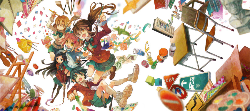 5girls, art_brush, ayanoi_high_school_uniform, black_eyes, black_hair, black_legwear, blazer, brown_eyes