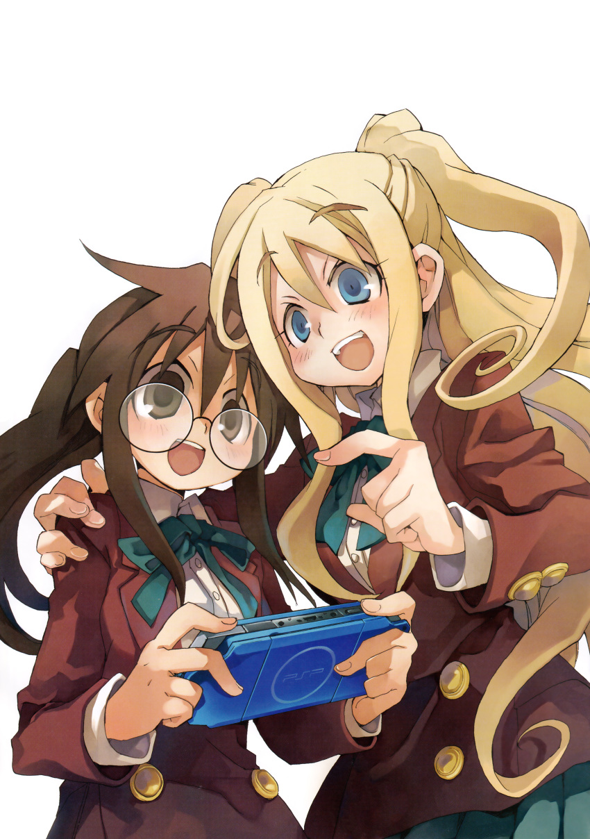 2girls, absurdres, ayanoi_high_school_uniform, blazer, blonde_hair, blue_eyes, brown_eyes, brown_hair, buttons, ga_geijutsuka_art_design_class, green_ribbon, green_skirt, hand_on_another's_shoulder, handheld_game_console, highres, jacket, kiyuzuki_satoko, long_hair, long_sleeves, marianne_van_tienen, multiple_girls, neck_ribbon, official_art, open_mouth, playstation_portable, pleated_skirt, ponytail, red_jacket, ribbon, round_eyewear, school_uniform, shirt, skirt, two_side_up, white_background, white_shirt, yamaguchi_kisaragi