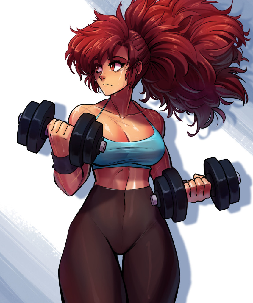 1girl, absurdres, big_hair, breasts, cleavage, clenched_hands, collarbone, commentary, cowboy_shot, crop_top, dark-skinned_female, dark_skin, dirty_ero, dumbbell, english_commentary, exercising, female_focus, hair_pulled_back, high-waist_pants, highres, looking_to_the_side, maria_(space_maria), medium_breasts, messy_hair, midriff, nose, pants, ponytail, red_eyes, red_hair, scar, solo, space_maria, spaghetti_strap, sweat, tan, thick_thighs, thigh_gap, thighs, weightlifting, wristband, yoga_pants