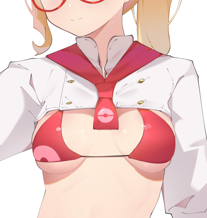 1girl, :3, bikini, bikini_top_only, blonde_hair, closed_mouth, commentary_request, female_focus, glasses, leah_(pokemon), long_hair, necktie, nintendo, poke_ball_print, pokemon, pokemon_cafe_remix, quchi_huoguoba, red-framed_eyewear, red_bikini, red_necktie, shiny_skin, simple_background, smile, solo, swimsuit, white_background