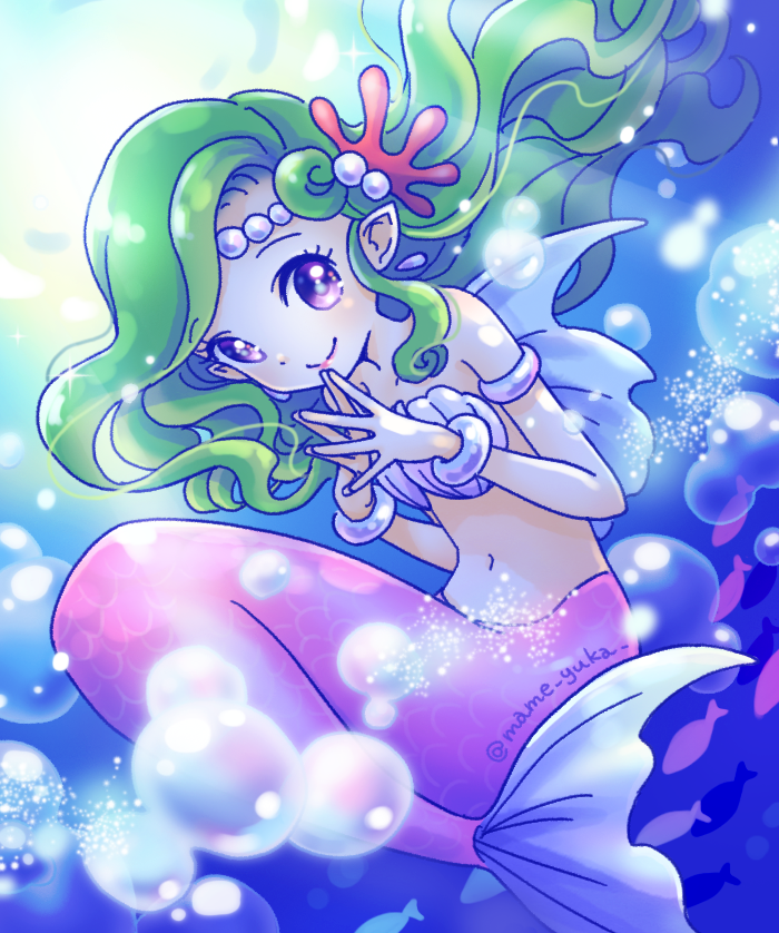 1girl, air_bubble, asymmetrical_bangs, asymmetrical_hair, back_fin, bangle, bare_arms, bare_shoulders