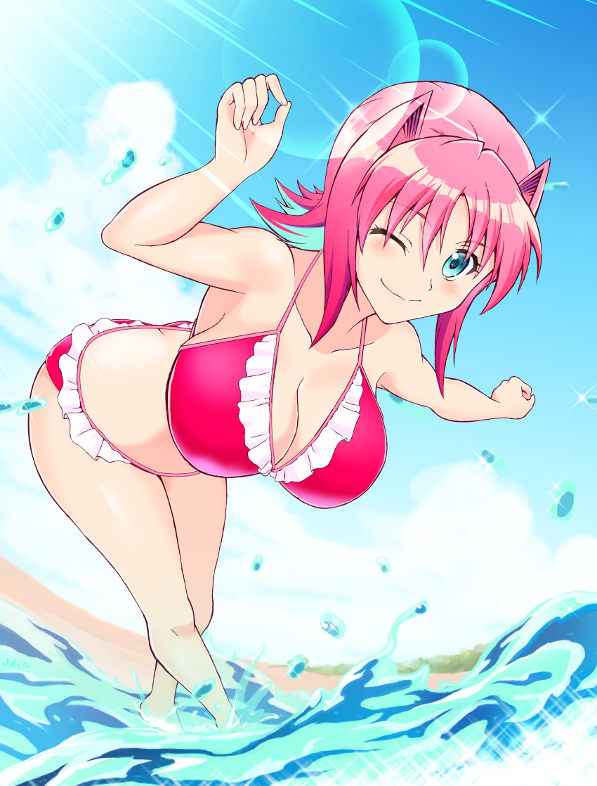 1girl, absurdres, aqua_hair, ass, bikini, blue_eyes, breasts, butt_crack