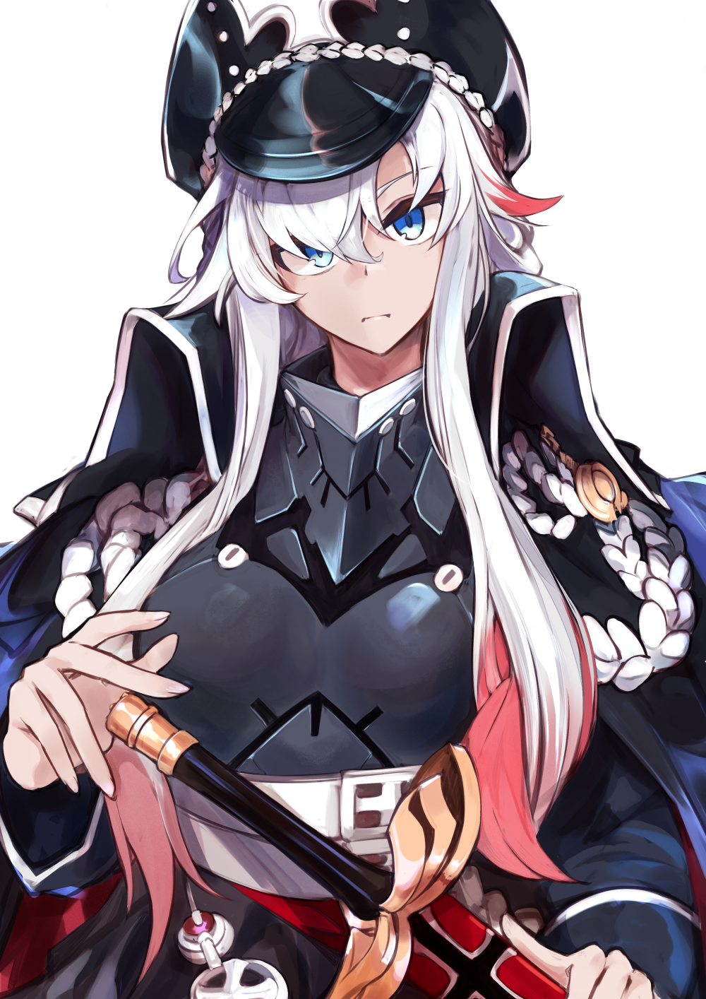 armor, azur_lane, black_coat, blue_eyes, breastplate, coat, commentary, commentary_request
