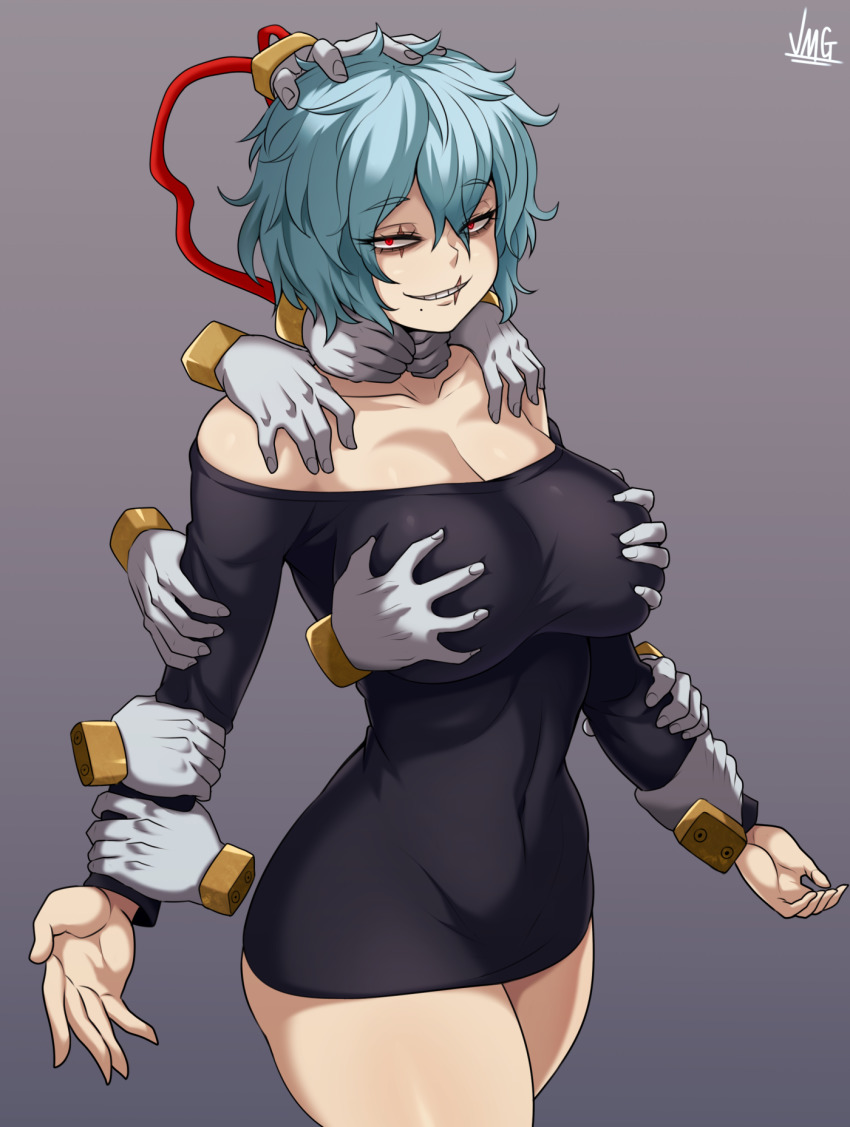 1girl, aqua_hair, black_shirt, boku_no_hero_academia, breasts, cowboy_shot, disembodied_hand, evil_grin