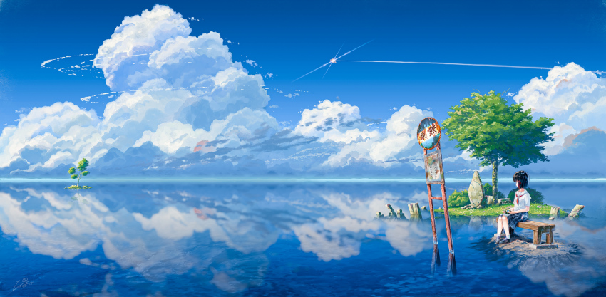 1girl, bench, black_hair, blue_skirt, blue_sky, bus_stop, cloud, contrail