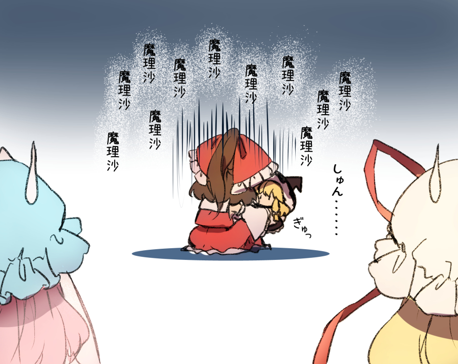 3girls, blue_headwear, bow, brown_hair, character_doll, commentary, detached_sleeves, doll