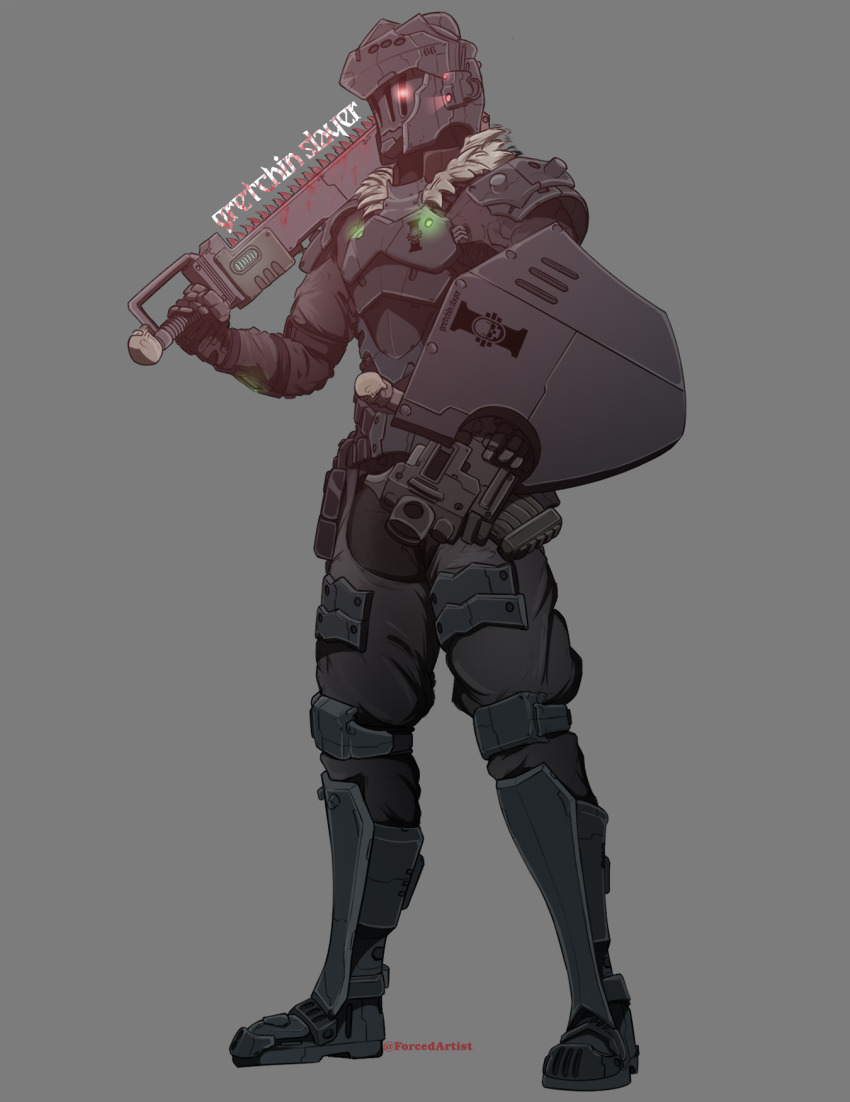 armor, bolter_pistol, boots, chainsword, epic, goblin_slayer, goblin_slayer!, gun, helmet, highres, shield, skull, sword, warhammer_40k, weapon