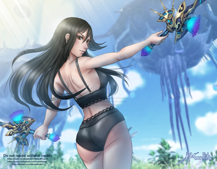 1girl, ass, bare_arms, bikini, black_bikini, black_hair, breasts, cowboy_shot