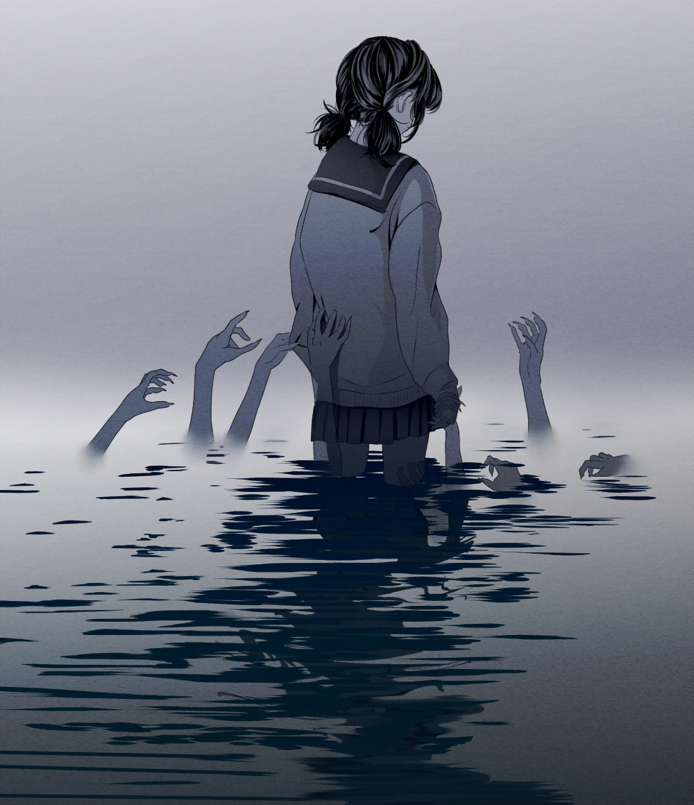 1girl, akegata_tobari, black_hair, fingernails, from_behind, holding_hands, horror_(theme), long_fingernails