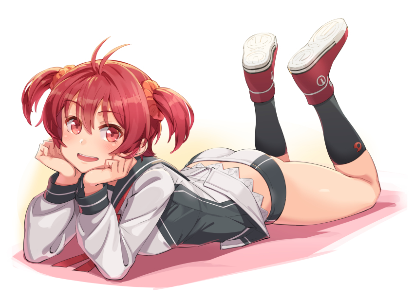 1girl, antenna_hair, arm_support, ass, black_socks, blush, butt_crack, female_focus, hair_ornament, hair_scrunchie, hands_on_own_face, highres, isshiki_akane, legs_up, long_sleeves, looking_at_viewer, lying, michairu, national_shin_ooshima_school_uniform, on_stomach, red_eyes, red_hair, school_uniform, scrunchie, shoes, short_shorts, short_twintails, shorts, simple_background, smile, socks, solo, twintails, vividred_operation, white_background