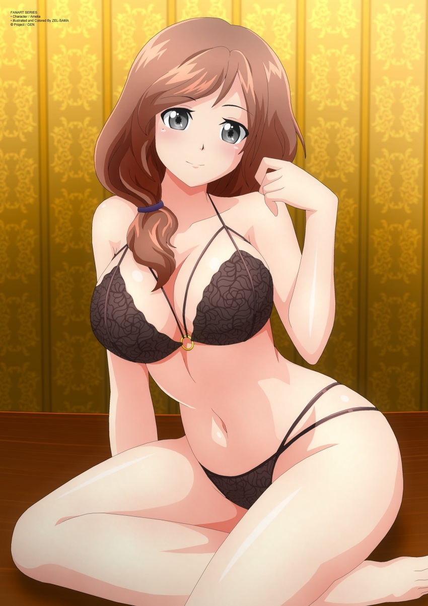 1girl, amelia_(kirael_art), barefoot, black_bra, black_eyes, black_panties, blush, borrowed_character