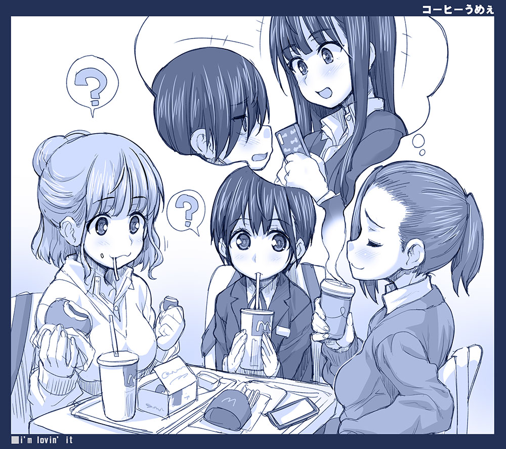 1boy, 4girls, boku_no_kokoro_no_yabai_yatsu, cellphone, cup, disposable_cup, drinking_straw, eating