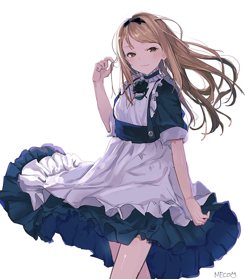 1girl, blonde_hair, blush, bow, dress, female_focus, hair_bow, highres, jinrou_judgment, long_hair, neco_(nhve3735), sandra_(jinrou_judgment), simple_background, smile, solo, white_background