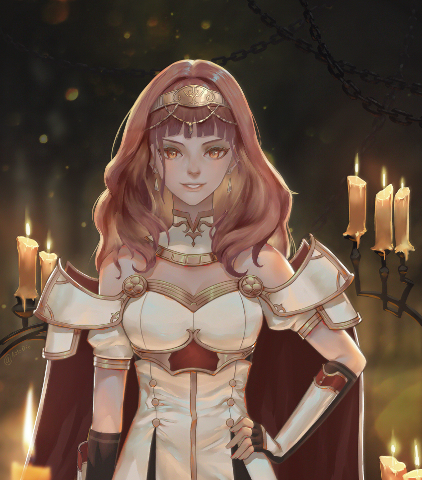 1girl, absurdres, artist_name, aztodio, black_gloves, breasts, candle, celica_(fire_emblem)