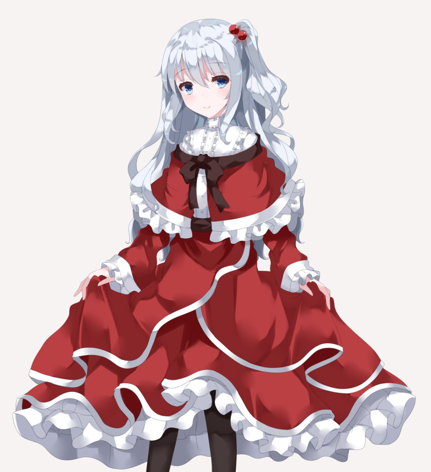 1girl, black_pantyhose, blue_eyes, blush, curly_hair, dress, dress_tug, female_focus