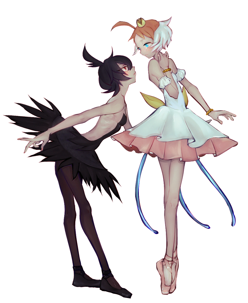 2girls, ahiru_(princess_tutu), ahoge, backless_dress, backless_outfit, ballerina, ballet_slippers, bare_shoulders, bead_bracelet, beads, black_dress, black_footwear, black_hair, black_legwear, blush, bracelet, breasts, brown_hair, cleavage, crown, dhdnthdn10, dress, eye_contact, hand_up, highres, jewelry, looking_at_another, mini_crown, multiple_girls, pantyhose, pink_shoes, princess_kraehe, princess_tutu, princess_tutu_(character), red_eyes, rue_(princess_tutu), shoes, short_hair, standing, tiptoes, transparent_background