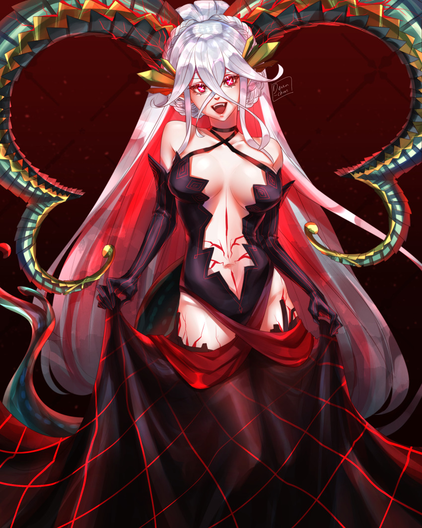 +_+, 1girl, :d, absurdres, alternate_breast_size, alternate_costume, artist_name, bare_shoulders, black_choker, black_dress, black_gloves, blue_hair, braid, breasts, breasts_apart, choker, commentary, crossed_bangs, crown_braid, curled_horns, dewa-chan, dress, elbow_gloves, english_commentary, fangs, fate/grand_order, fate_(series), female_focus, gloves, hair_between_eyes, highres, horns, long_hair, long_horns, looking_at_viewer, medium_breasts, open_mouth, pointy_ears, ponytail, pubic_tattoo, purple_eyes, smile, solo, stomach_tattoo, striped_clothes, striped_gloves, symbol-shaped_pupils, tattoo, tiamat_(fate), tiamat_(femme_fatale)_(fate), vertical-striped_clothes, vertical-striped_gloves, very_long_hair, wide_ponytail