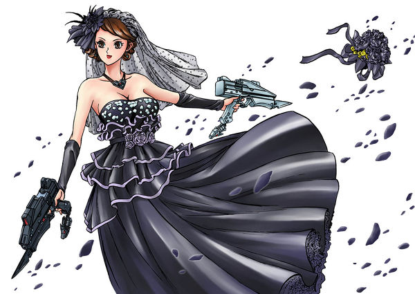 bouquet, bridal_veil, brown_hair, dress, escape_(go-busters), flower, iwa, iwa_(nanakakusui)