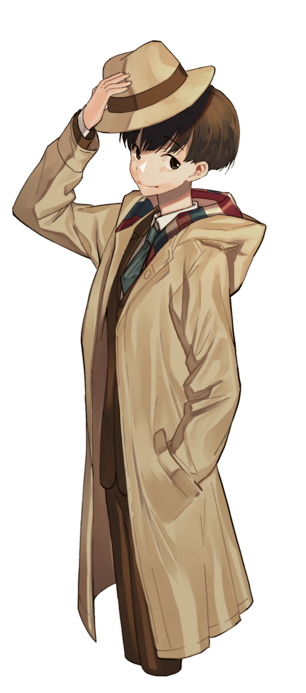 1boy, bad_id, bad_pixiv_id, blue_necktie, brown_coat, brown_eyes, brown_hair, brown_hat
