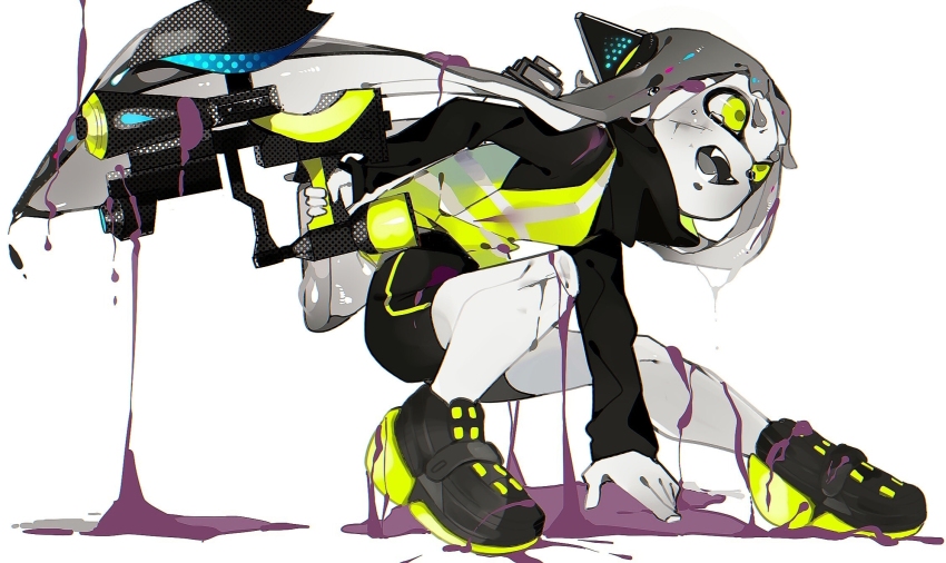 1girl, bike_shorts, black_shirt, black_shoes, black_shorts, blunt_bangs, commentary, fangs