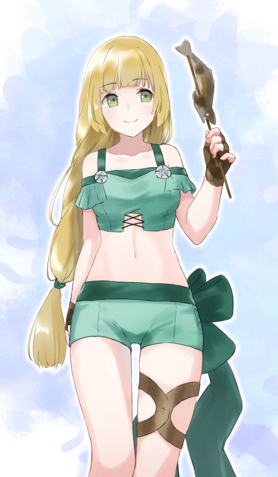 1girl, bikini, blonde_hair, brown_gloves, closed_mouth, female_focus, fingerless_gloves, fire_emblem