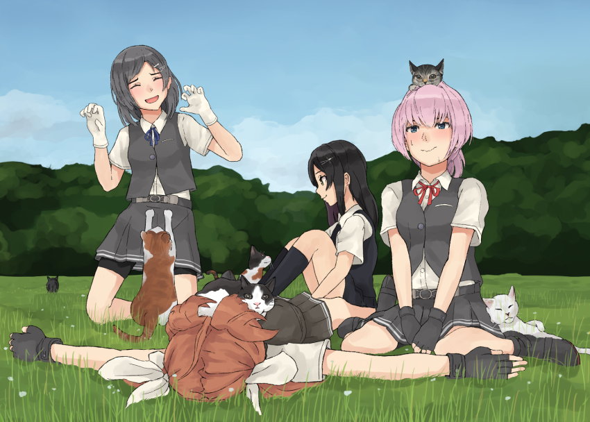 4girls, animal, bike_shorts, black_gloves, black_hair, black_socks, blush, brown_hair